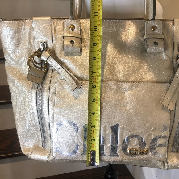CHLOE Eclipse Oversized Ivory Silver Gold Tote Shoulder Bag Exterior Zip Pockets - Picture 11 of 17
